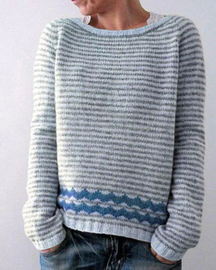 Warme Gebreide Dames Trui met Noorse Jacquardprint en Ronde Hals