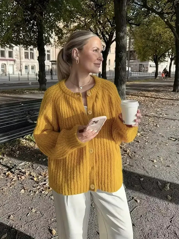 Zacht Kort Geel Gebreid Dames Cardigan met Losse Mouwen