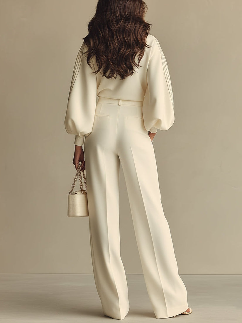 Ensemble beige en maille côtelée avec taille haute et manches bouffantes