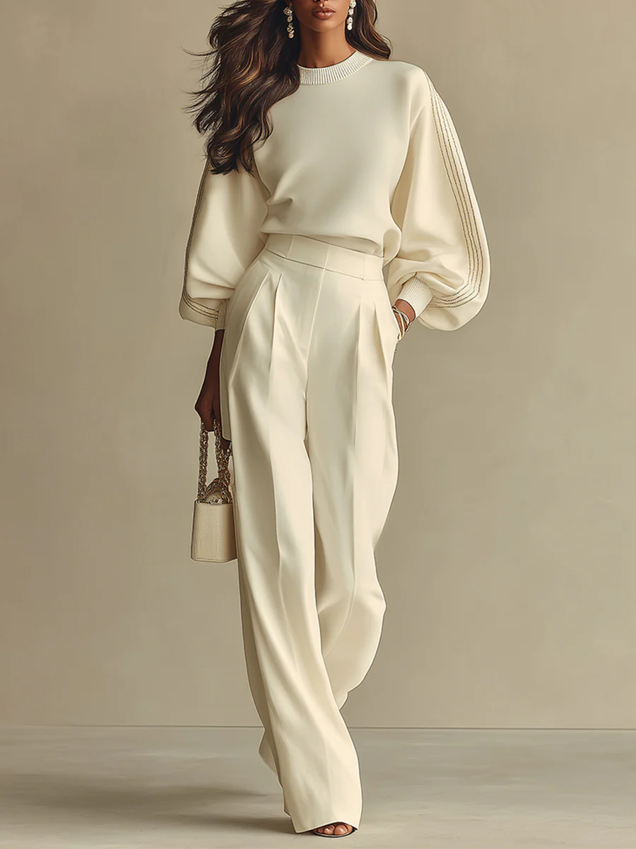Ensemble beige en maille côtelée avec taille haute et manches bouffantes