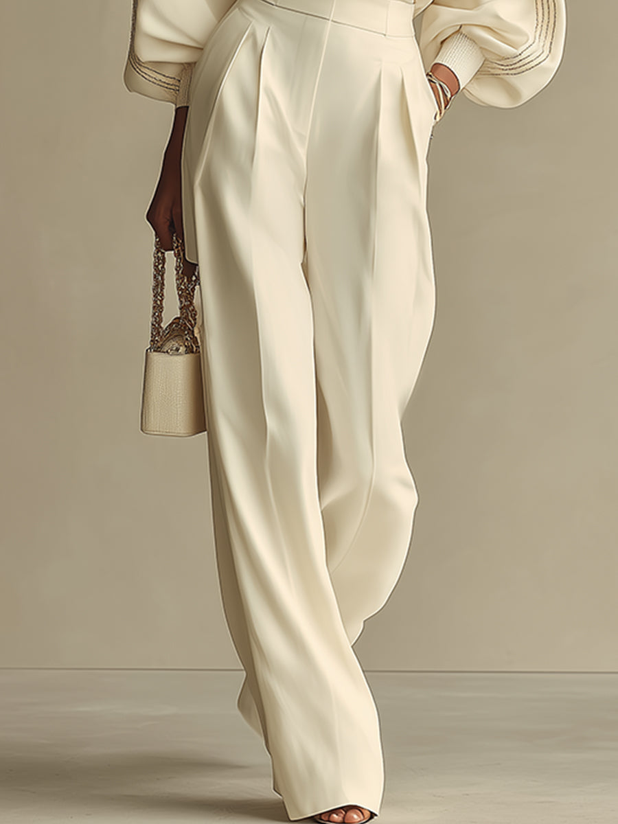 Ensemble beige en maille côtelée avec taille haute et manches bouffantes