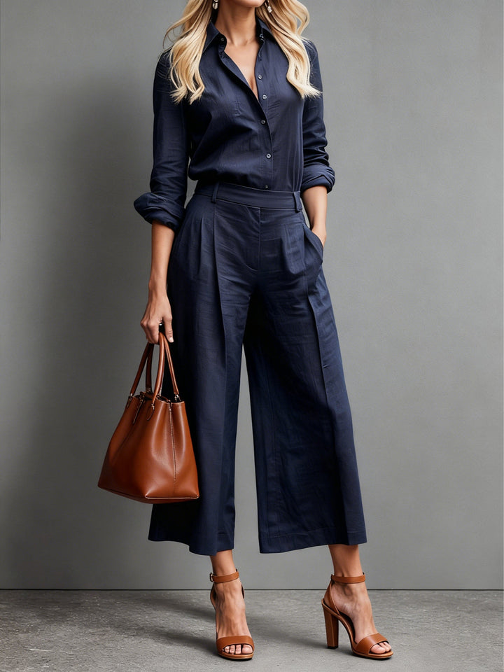 Zwiewny Elegancki Zestaw Damski z Lnu z Bluzką i Szerokimi Spodniami