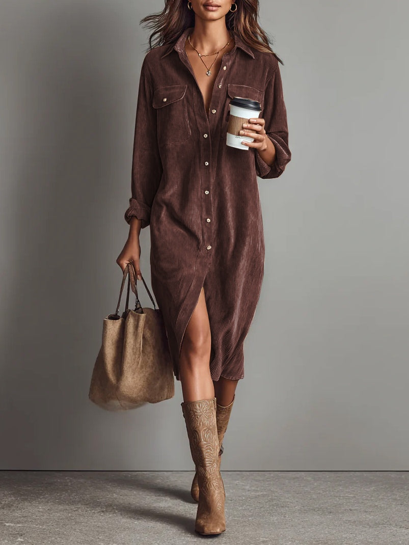 Robe chemise en velours côtelé pour femmes élégante avec fermeture à boutons et poches