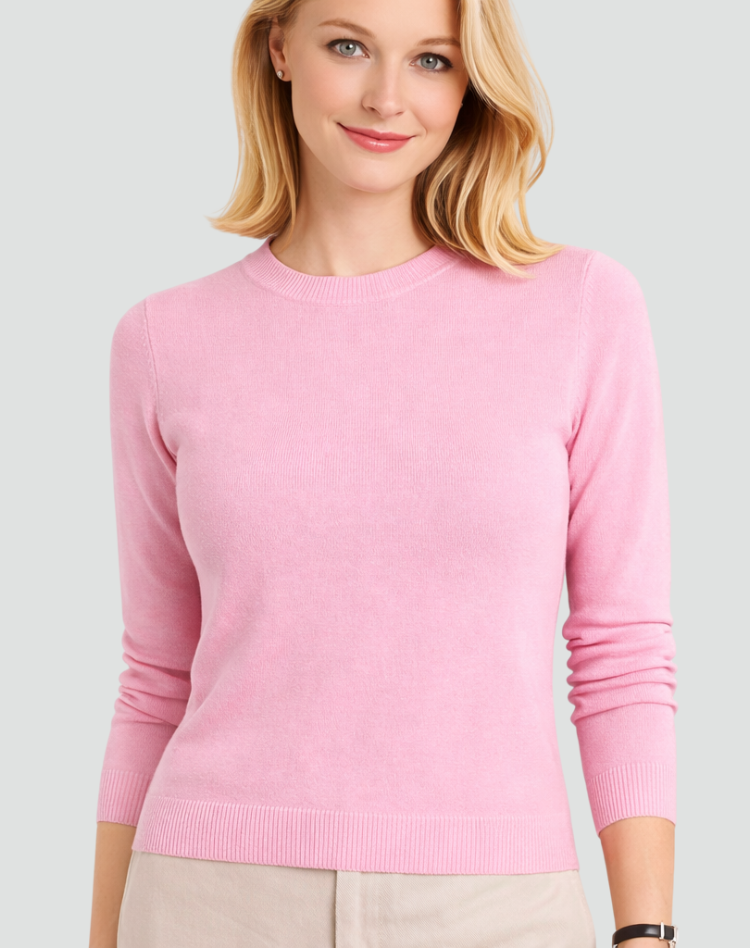 Miękki wełniany damski sweter z długimi rękawami i okrągłym dekoltem