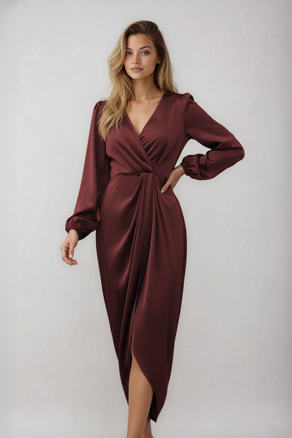 Feestelijke Midi Jurk Met V Hals en Lange Mouwen voor Dames