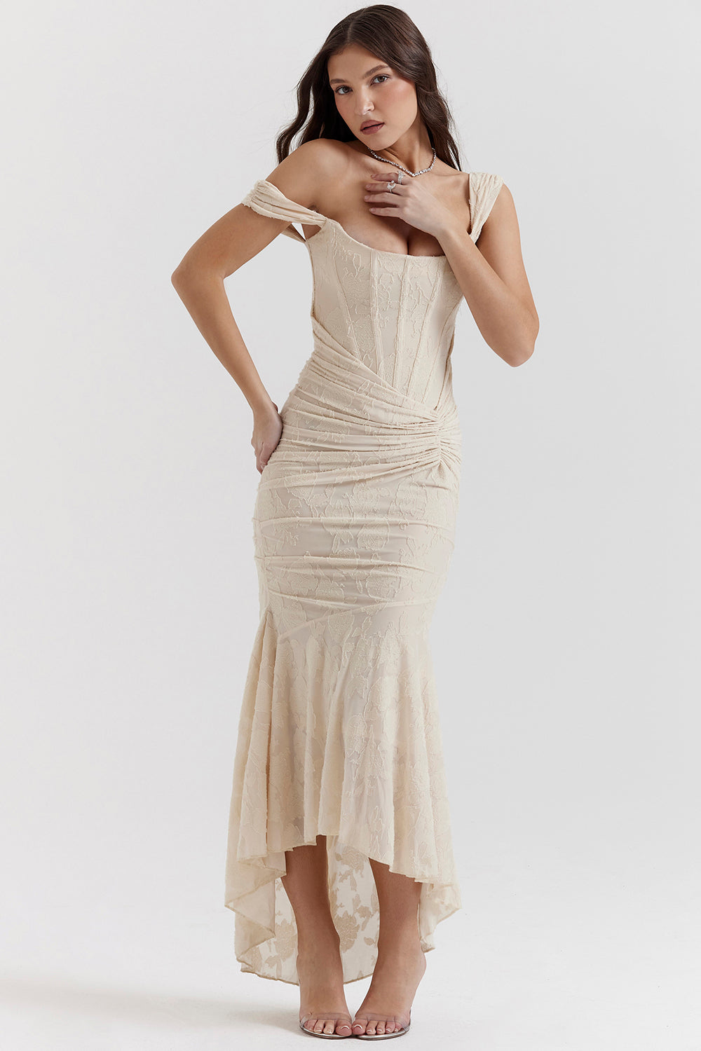 Youna | Elegante Midi Jurk met Asymmetrische Rok en Corsetdetail