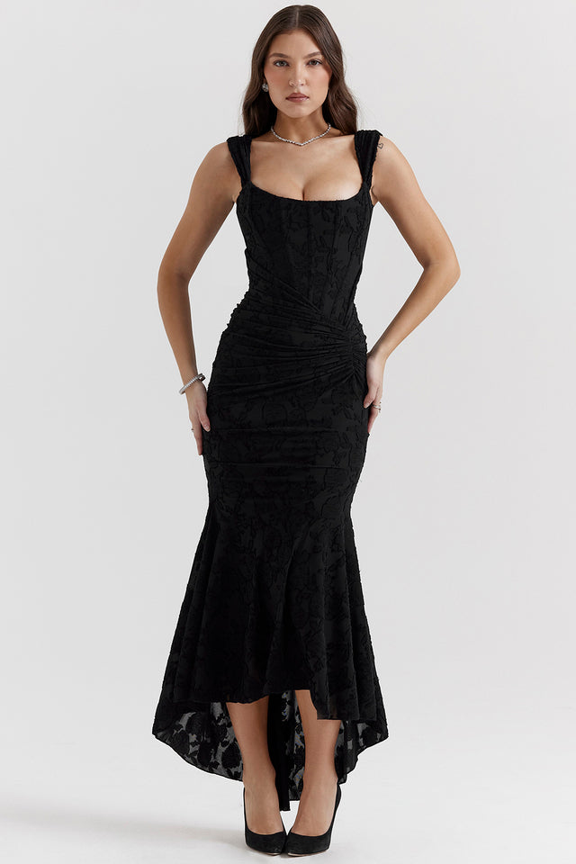 Youna | Elegante Midi Jurk met Asymmetrische Rok en Corsetdetail