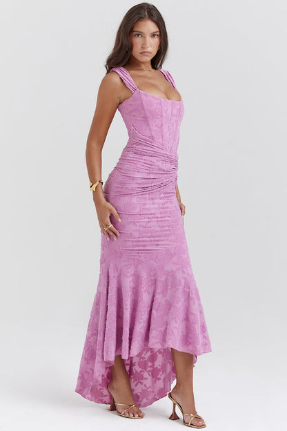 Youna | Elegante Midi Jurk met Asymmetrische Rok en Corsetdetail