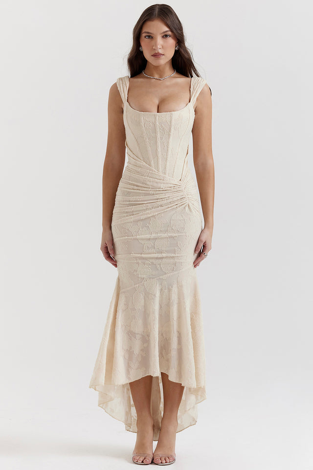 Youna | Elegante Midi Jurk met Asymmetrische Rok en Corsetdetail