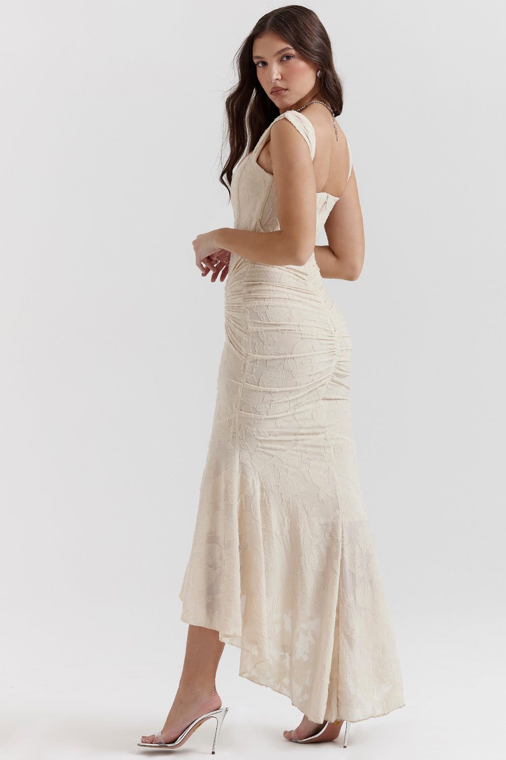 Youna | Elegante Midi Jurk met Asymmetrische Rok en Corsetdetail