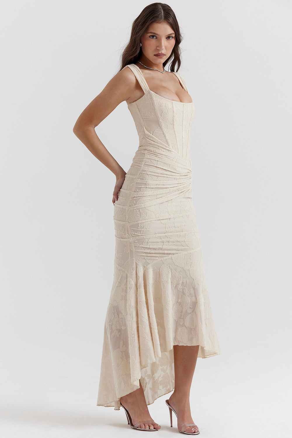 Youna | Elegante Midi Jurk met Asymmetrische Rok en Corsetdetail