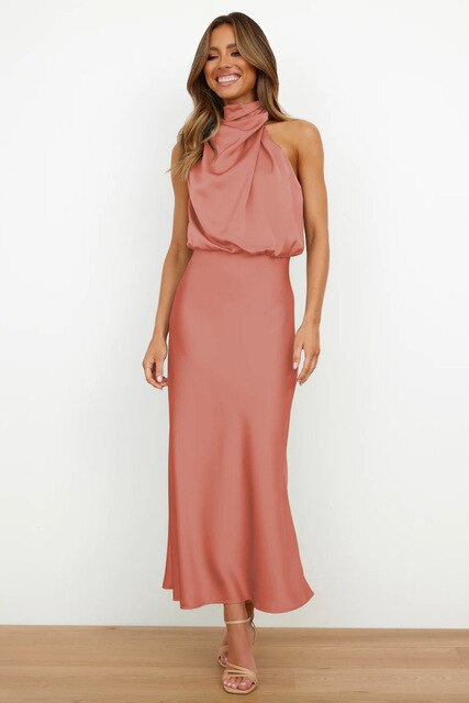 Robe midi de gala en satin de luxe avec col halter pour femmes