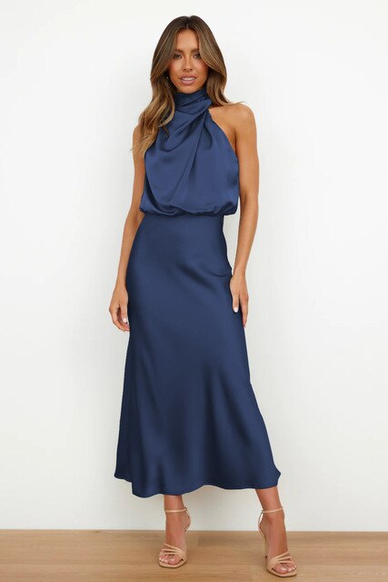 Luxury Satin Gala Midi Dress with Halter Neck for Women
