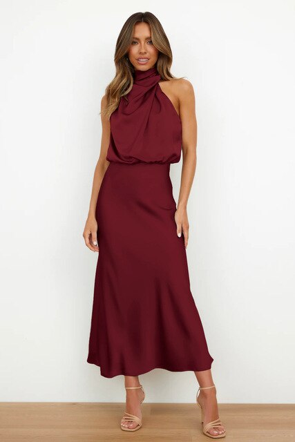 Luxury Satin Gala Midi Dress with Halter Neck for Women