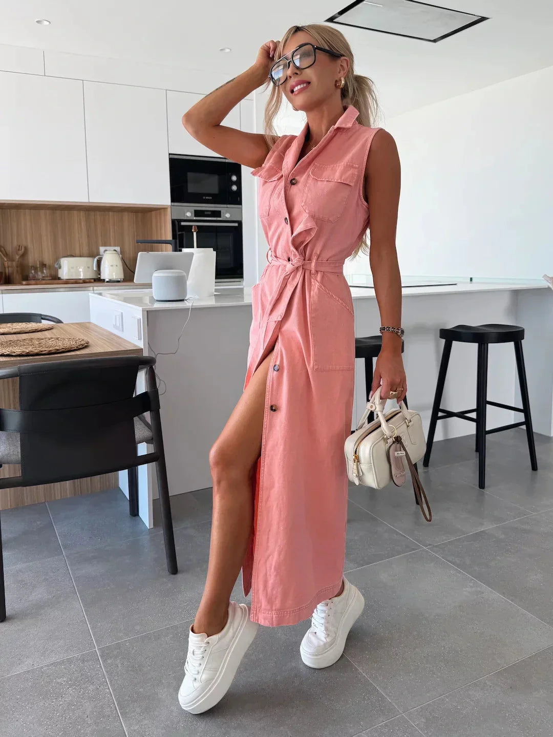 Stylish summer women's midi dress with denim look and slit