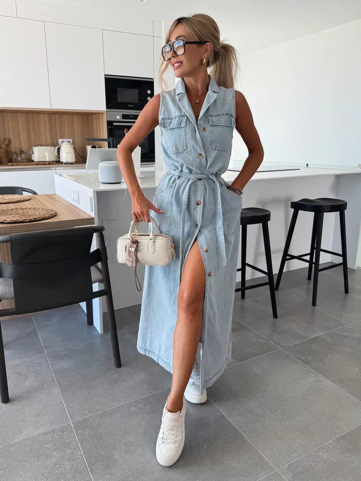 Stylish summer women's midi dress with denim look and slit