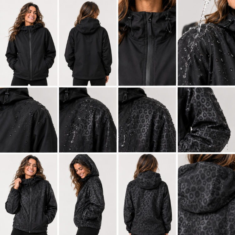 zwarte regenjas dames collage met luipaardprint die zichtbaar wordt in de regen
