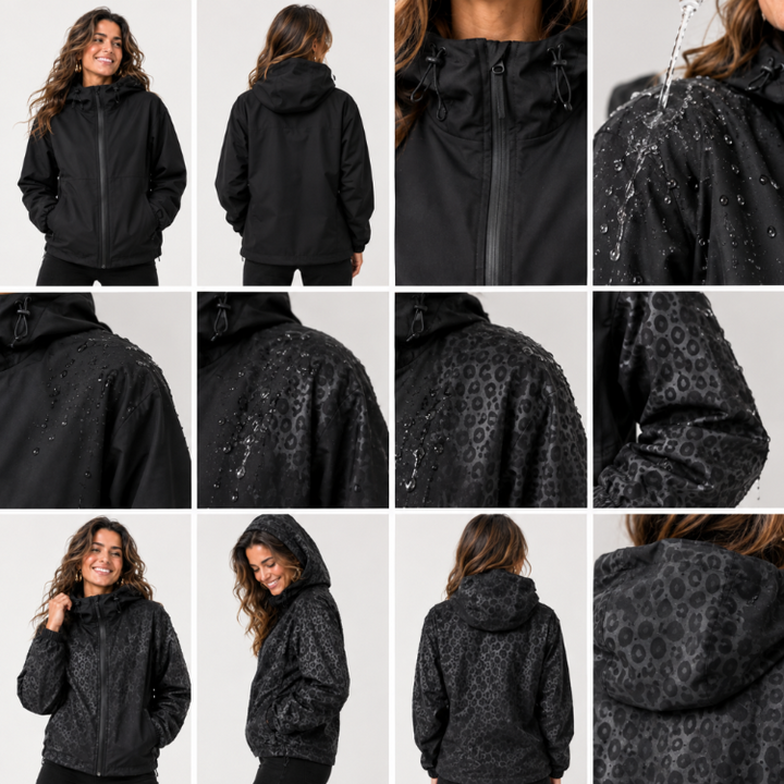 zwarte regenjas dames collage met luipaardprint die zichtbaar wordt in de regen