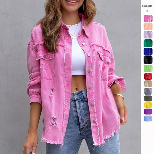 Denim dames jas met luchtige oversized pasvorm en rafelafwerking