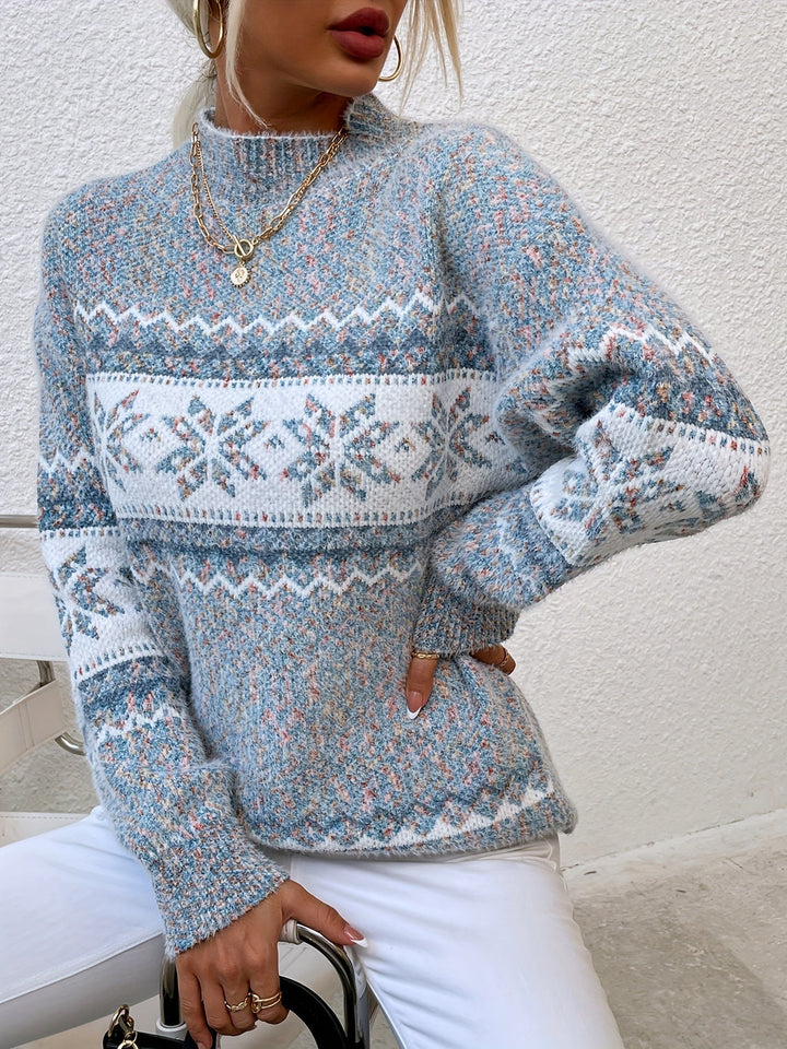 Oversized Gebreide Dames Kersttrui met Sneeuwvlokmotief en Col