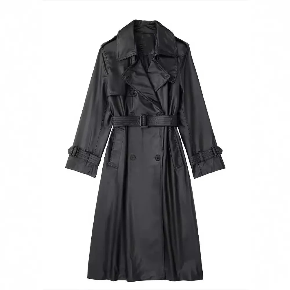 Stijlvolle Leren Dames Trenchcoat met Ceintuur