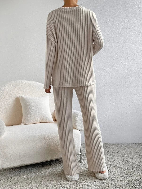 Ensemble Loungewear Femme Doux Côtelé avec Pull et Pantalon Large