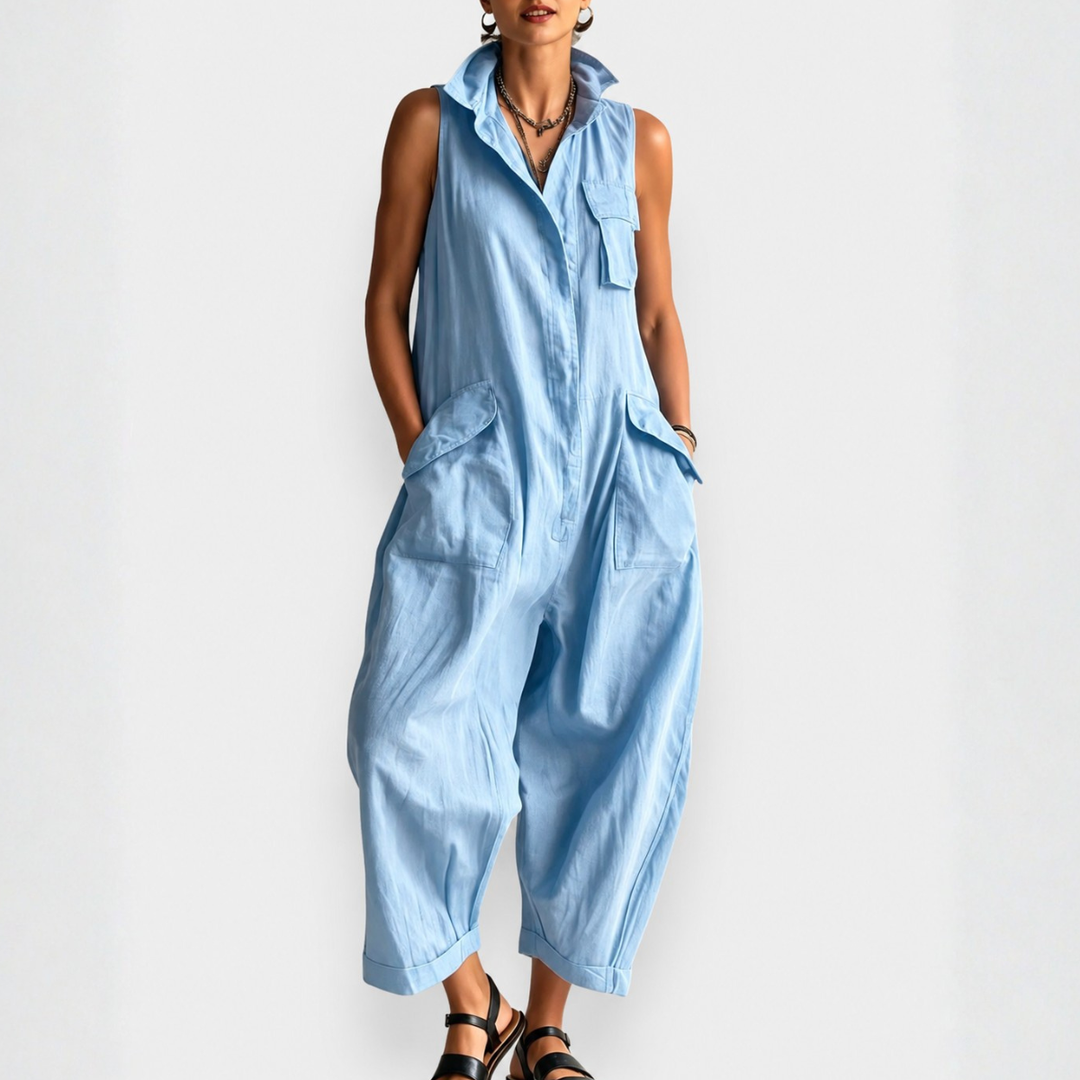 Dames Cargo Jumpsuit Zonder Mouwen met Verfijnde Kraag