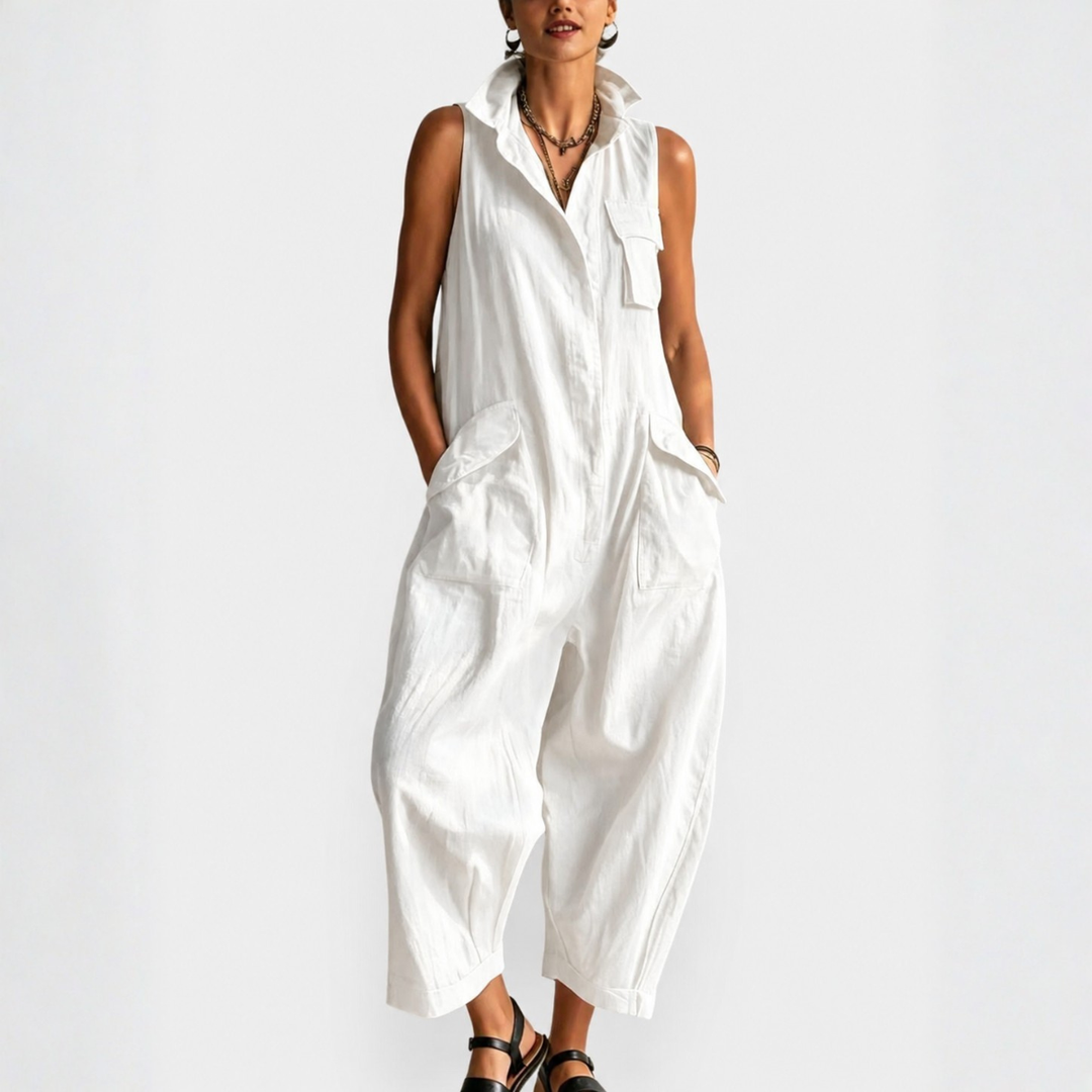 Dames Cargo Jumpsuit Zonder Mouwen met Verfijnde Kraag