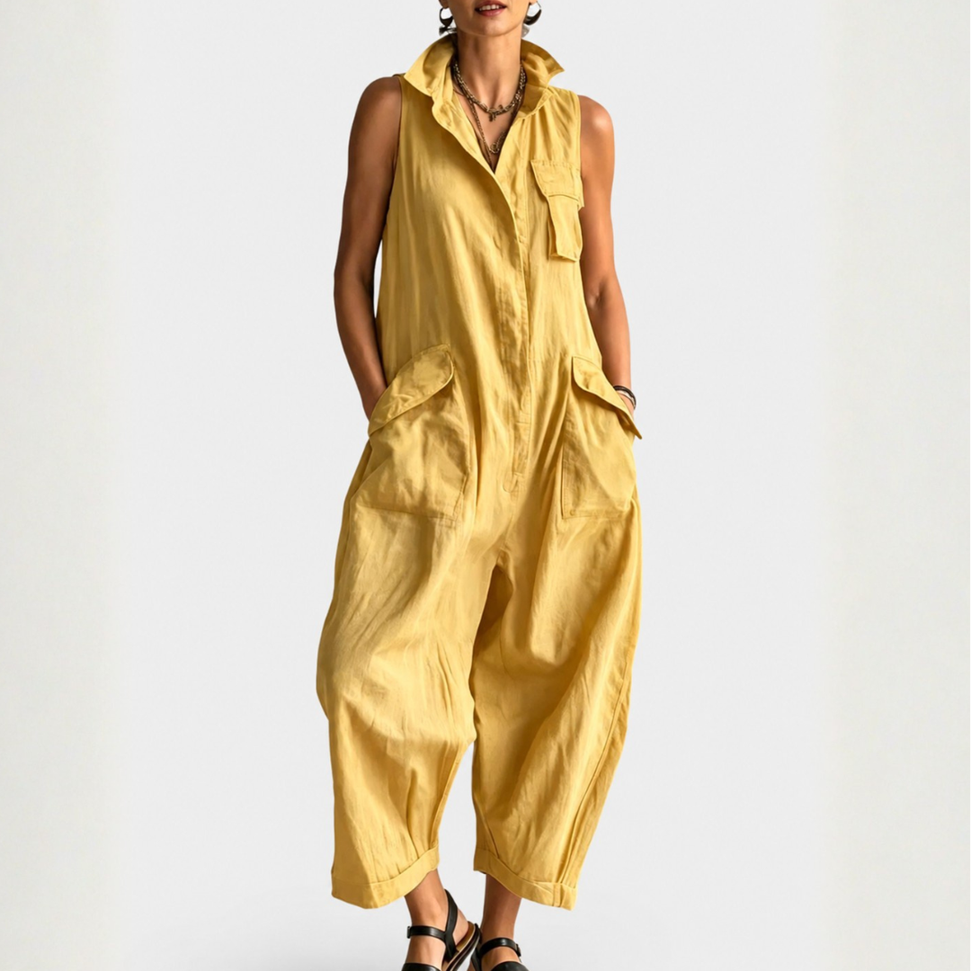 Dames Cargo Jumpsuit Zonder Mouwen met Verfijnde Kraag
