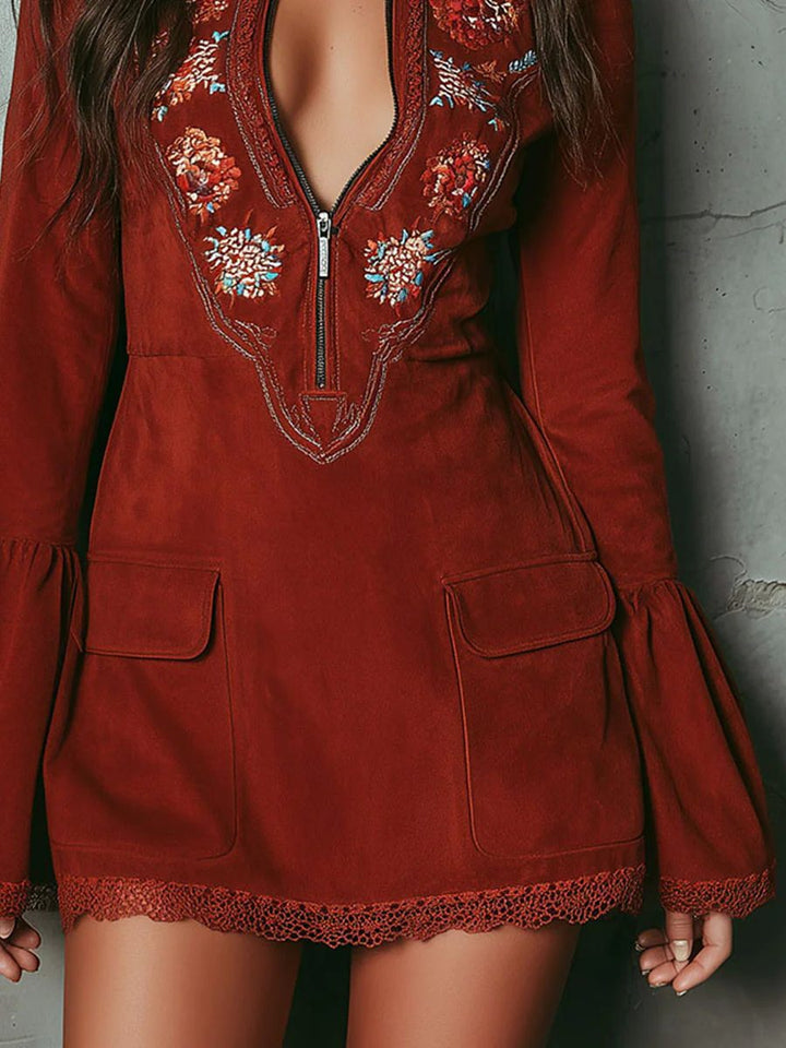 Embroidered Bell Sleeve Mini Dress with Lace Trim for Women - View 7