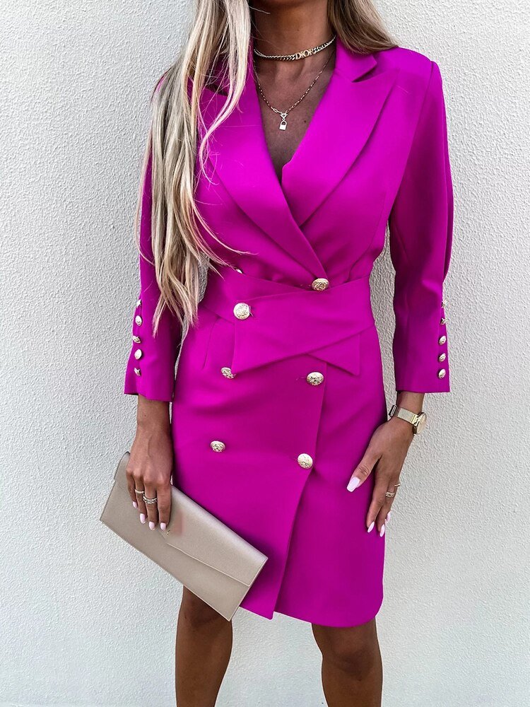 Luxe Dames Blazer Jurk met Dubbele Knopen en Lange Mouwen