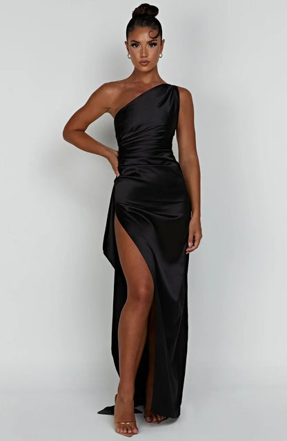 Jadey | Satijnen One-Shoulder Galajurk Avondjurk met Hoge Split