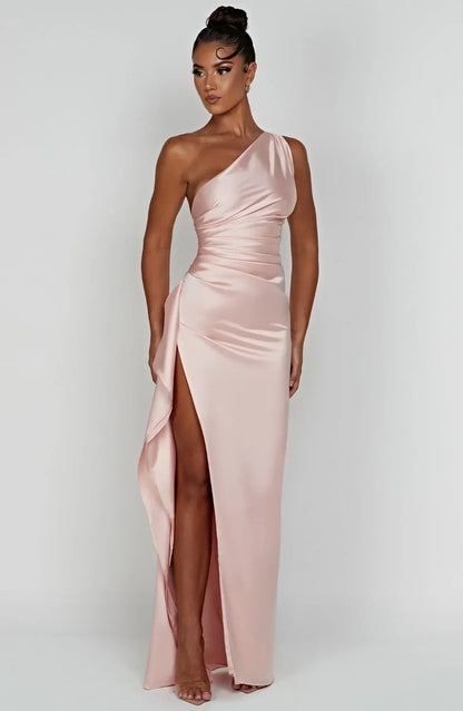 Jadey | Satijnen One-Shoulder Galajurk Avondjurk met Hoge Split