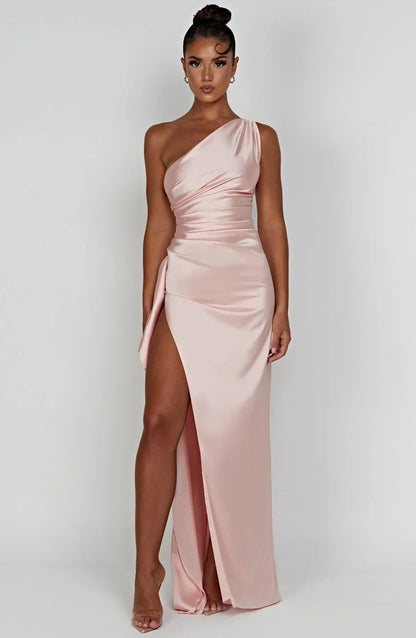 Jadey | Satijnen One-Shoulder Galajurk Avondjurk met Hoge Split