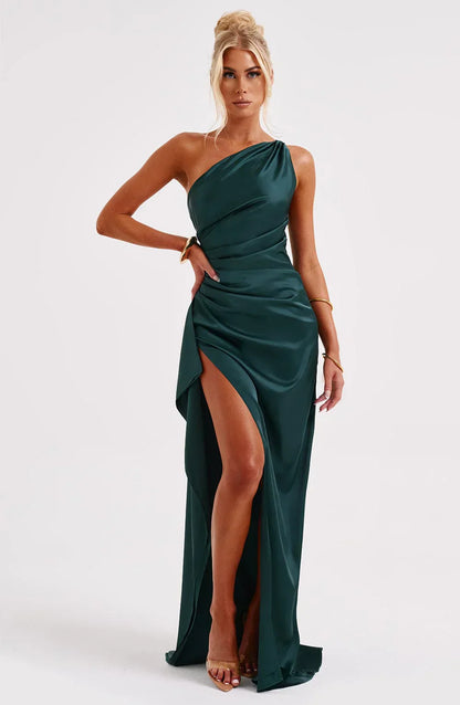 Jadey | Satijnen One-Shoulder Galajurk Avondjurk met Hoge Split