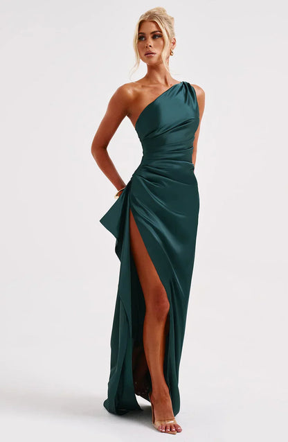 Jadey | Satijnen One-Shoulder Galajurk Avondjurk met Hoge Split