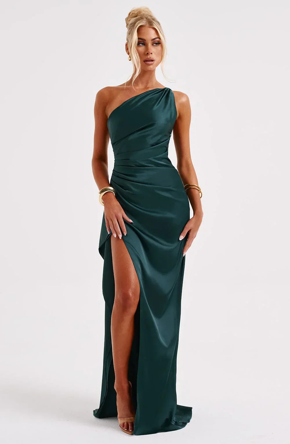 Jadey | Satijnen One-Shoulder Galajurk Avondjurk met Hoge Split
