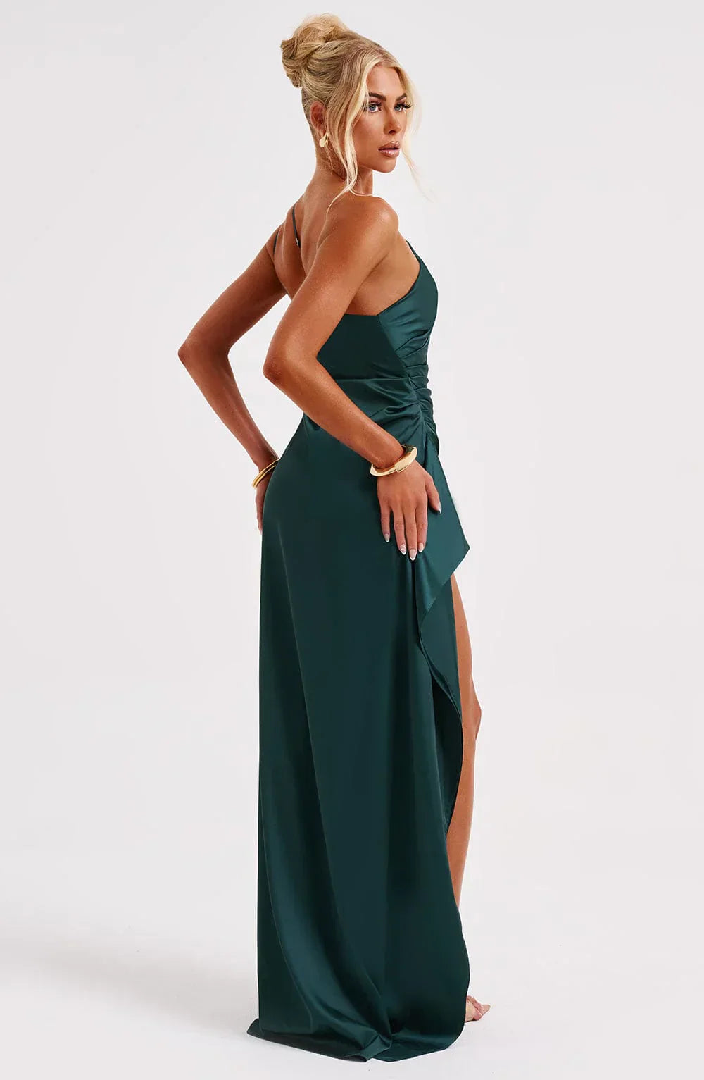 Jadey | Satijnen One-Shoulder Galajurk Avondjurk met Hoge Split