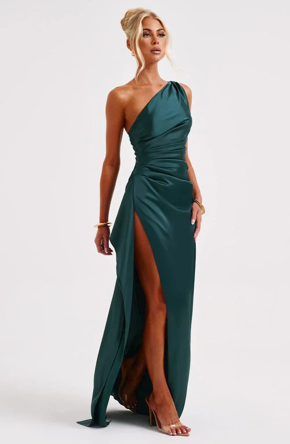 Jadey | Satijnen One-Shoulder Galajurk Avondjurk met Hoge Split