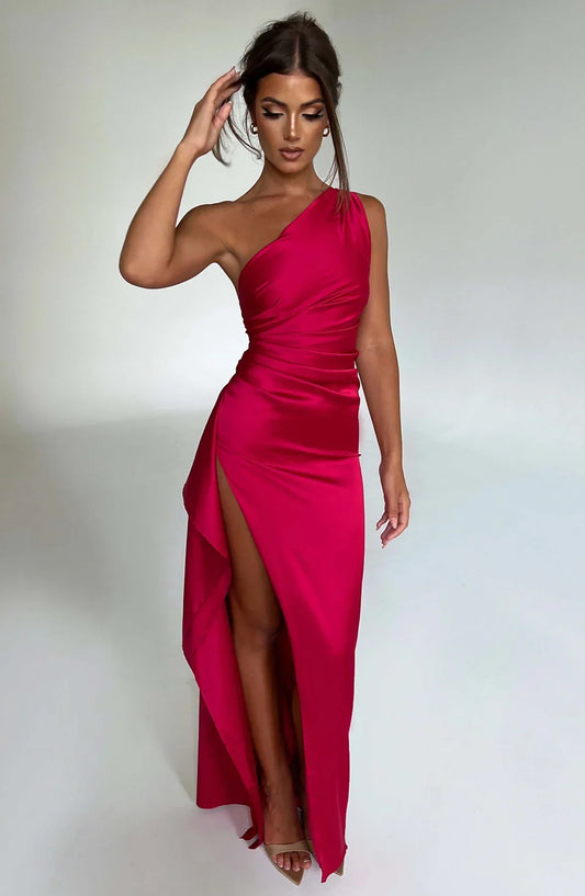 Jadey | Satijnen One-Shoulder Galajurk Avondjurk met Hoge Split