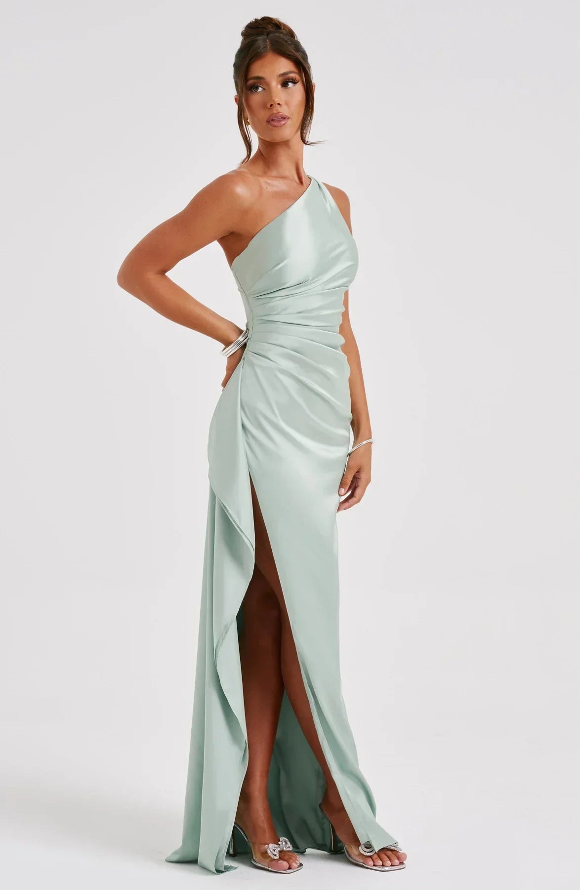 Jadey | Satijnen One-Shoulder Galajurk Avondjurk met Hoge Split