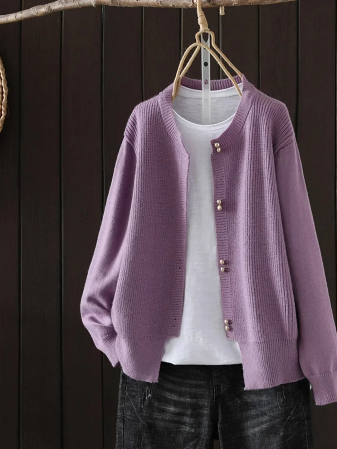 Arveth | Women's Button-Up Knit Cardigan - Light Grey - Image 4