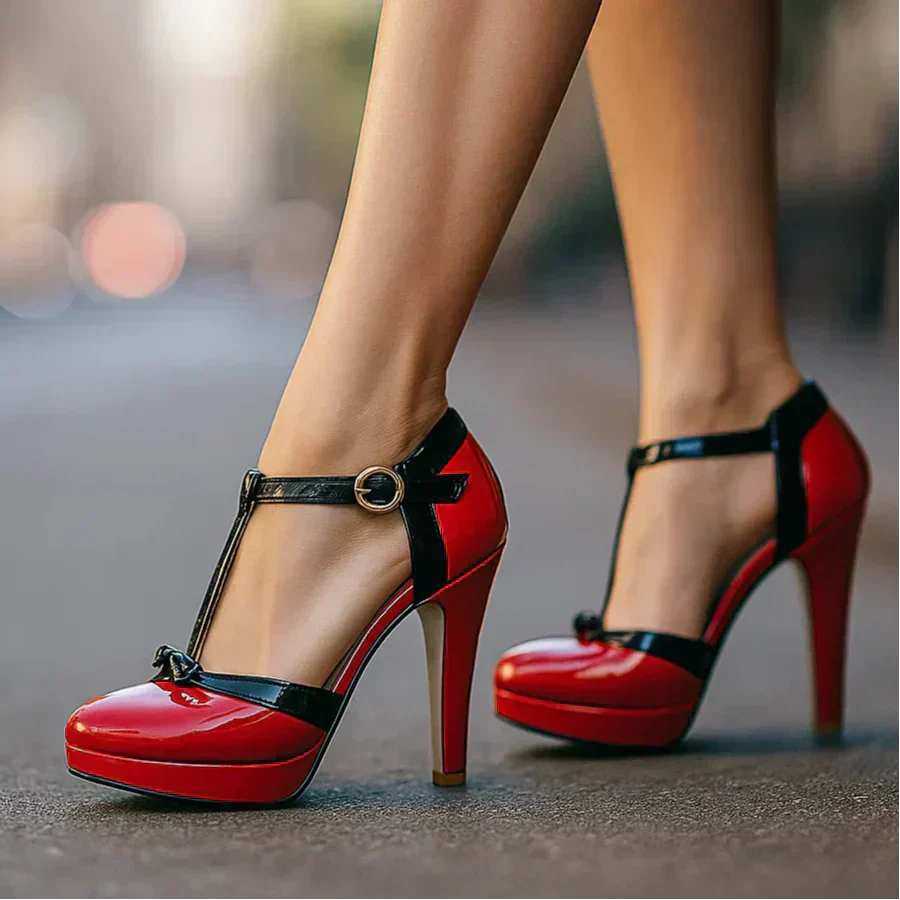 Czółenka z paskiem T i kokardą dla kobiet