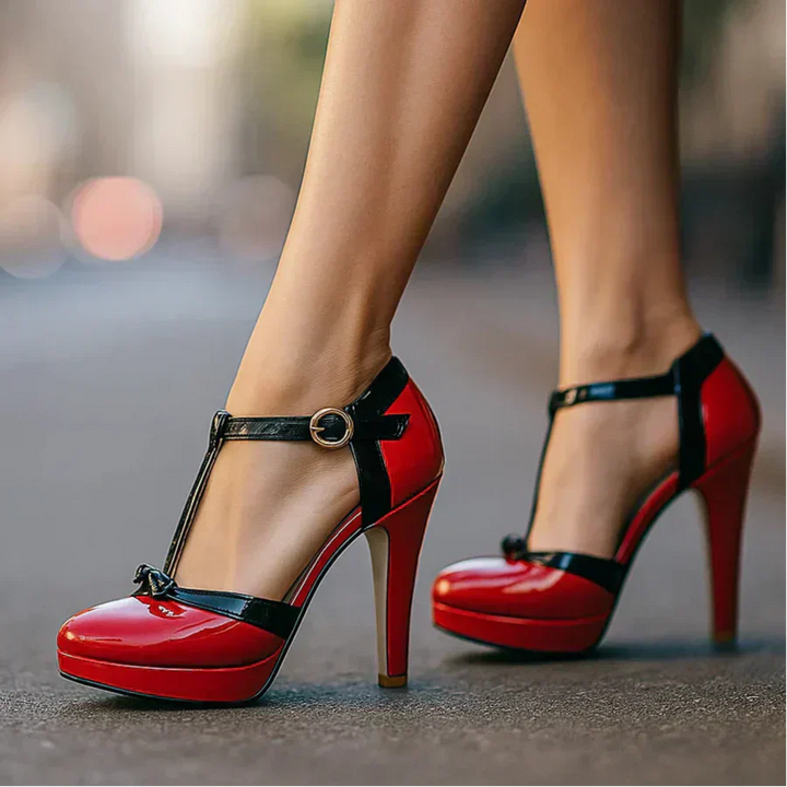 Czółenka z paskiem T i kokardą dla kobiet