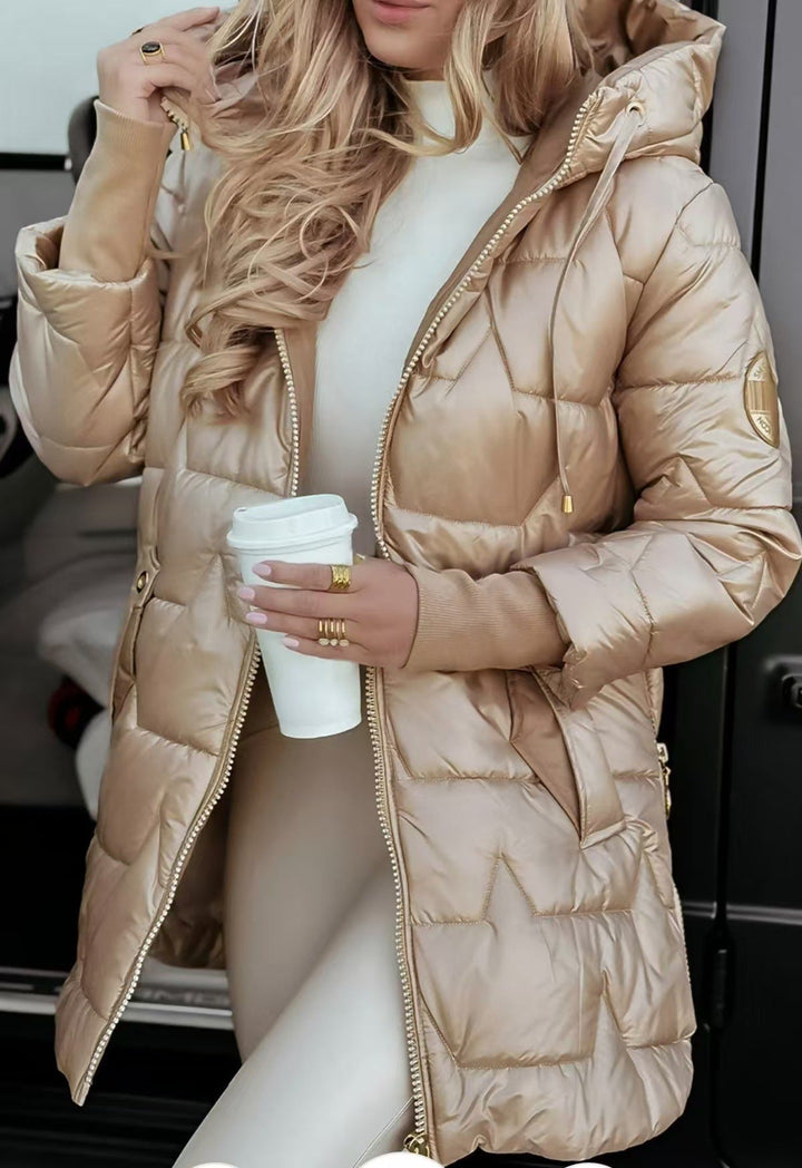 Women's Warm Mid-Length Puffer Coat with Hood and Pockets