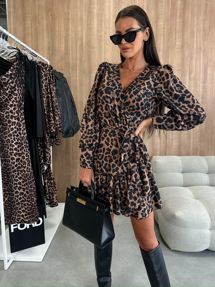 Robe mini A-line élégante pour femmes avec col en V et manches longues