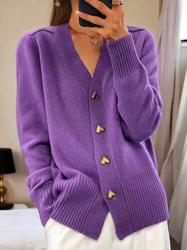 Elegant Soft Women's Cardigan with Gold Heart Buttons