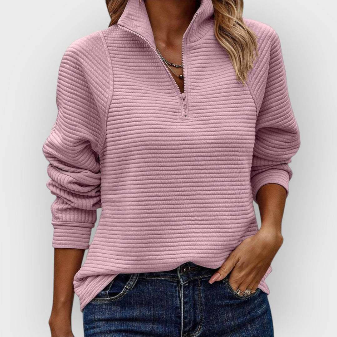 Geribde Dames Sweater met Kwartrits en Opstaande Kraag