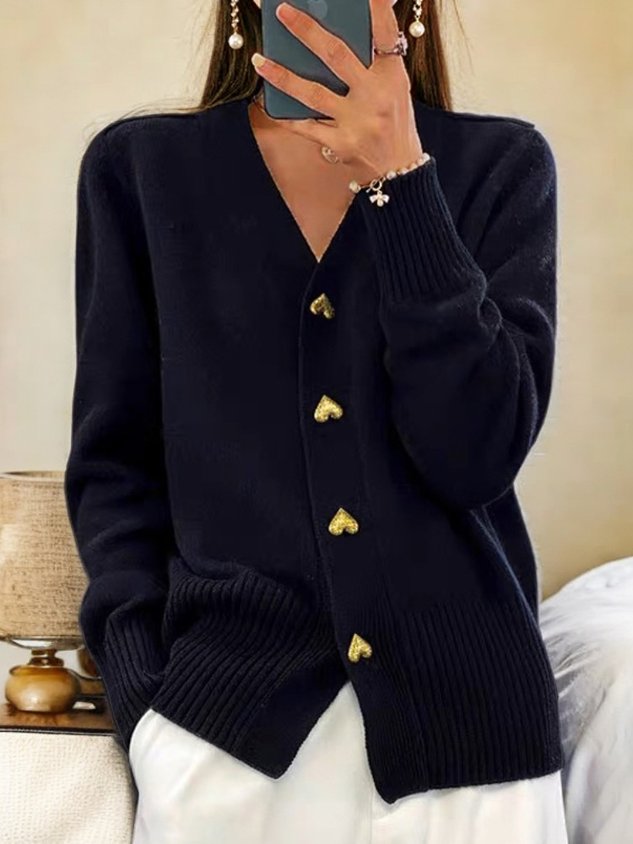 Elegant Soft Women's Cardigan with Gold Heart Buttons