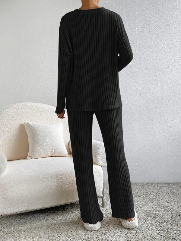 Ensemble Loungewear Femme Doux Côtelé avec Pull et Pantalon Large